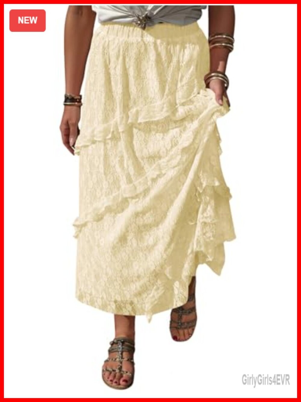 Lace Ruffle Maxi Skirt High Waist Boho Floral Long Skirt